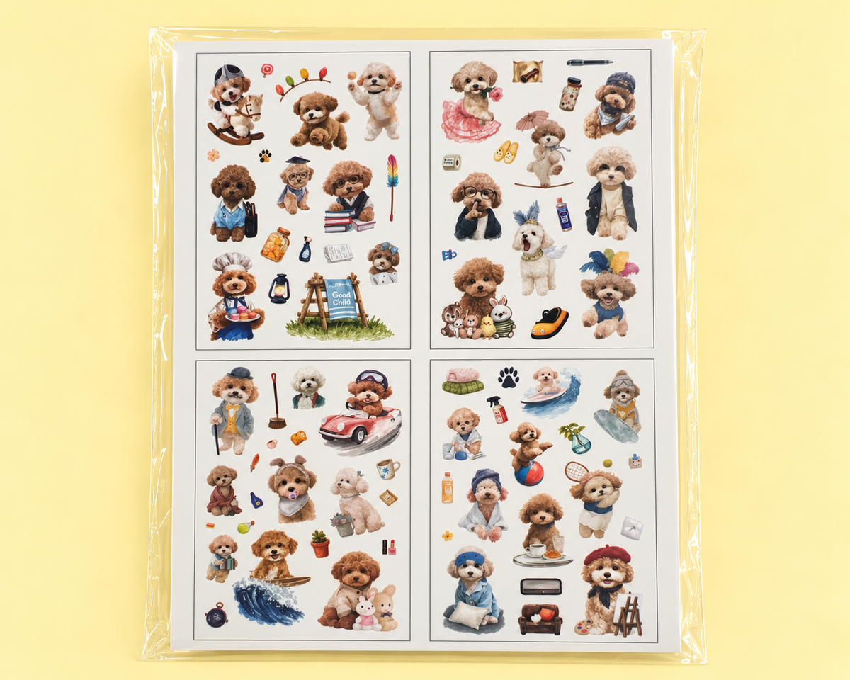 Set sticker perrito poodle cute 4 láminas