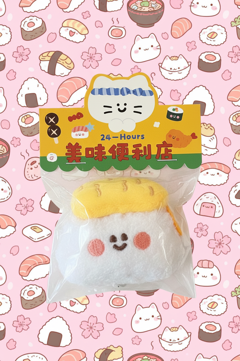 Peluche sushi huevo con fondo japonés kawaii