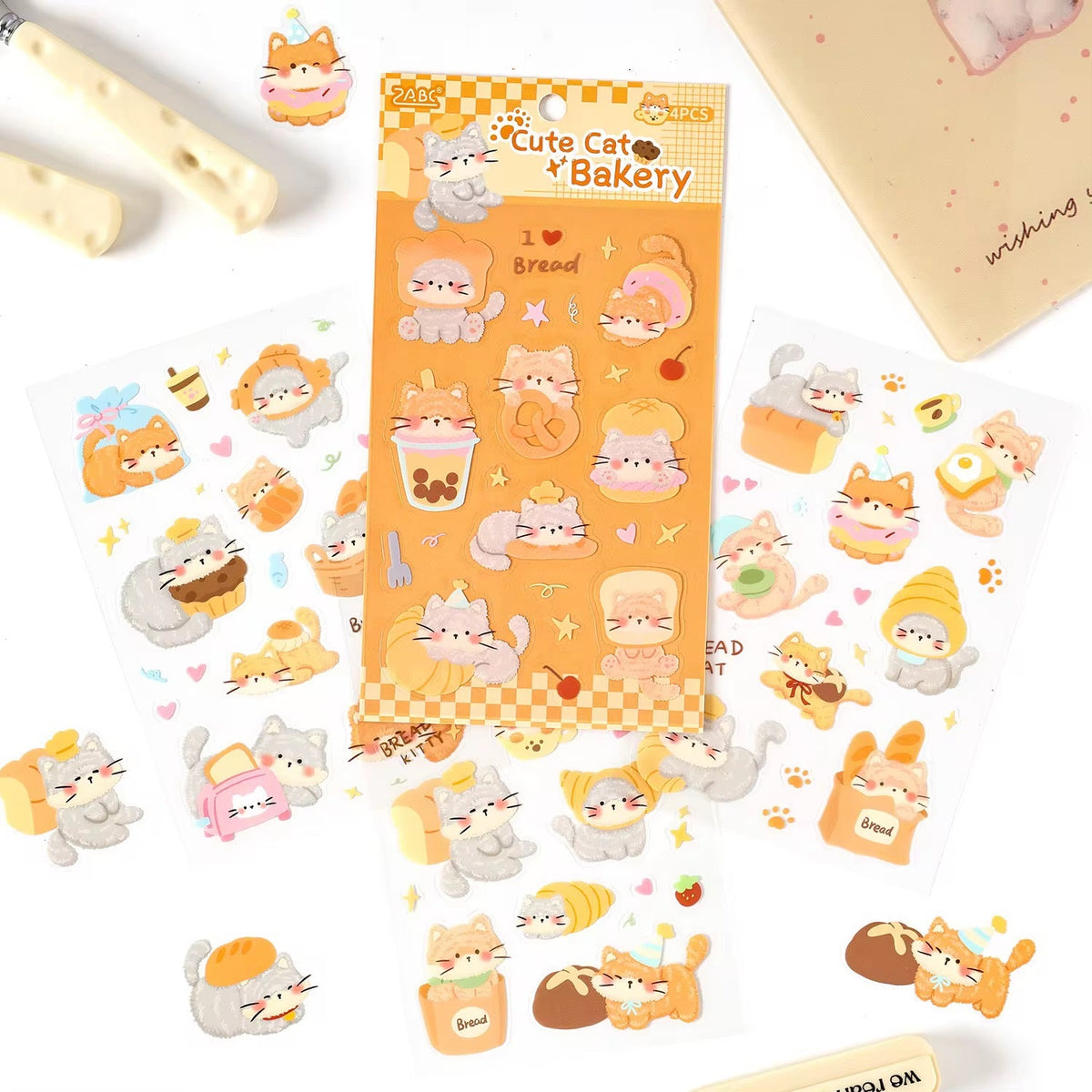 Set de sticker gatito panadero kawaii 4 láminas