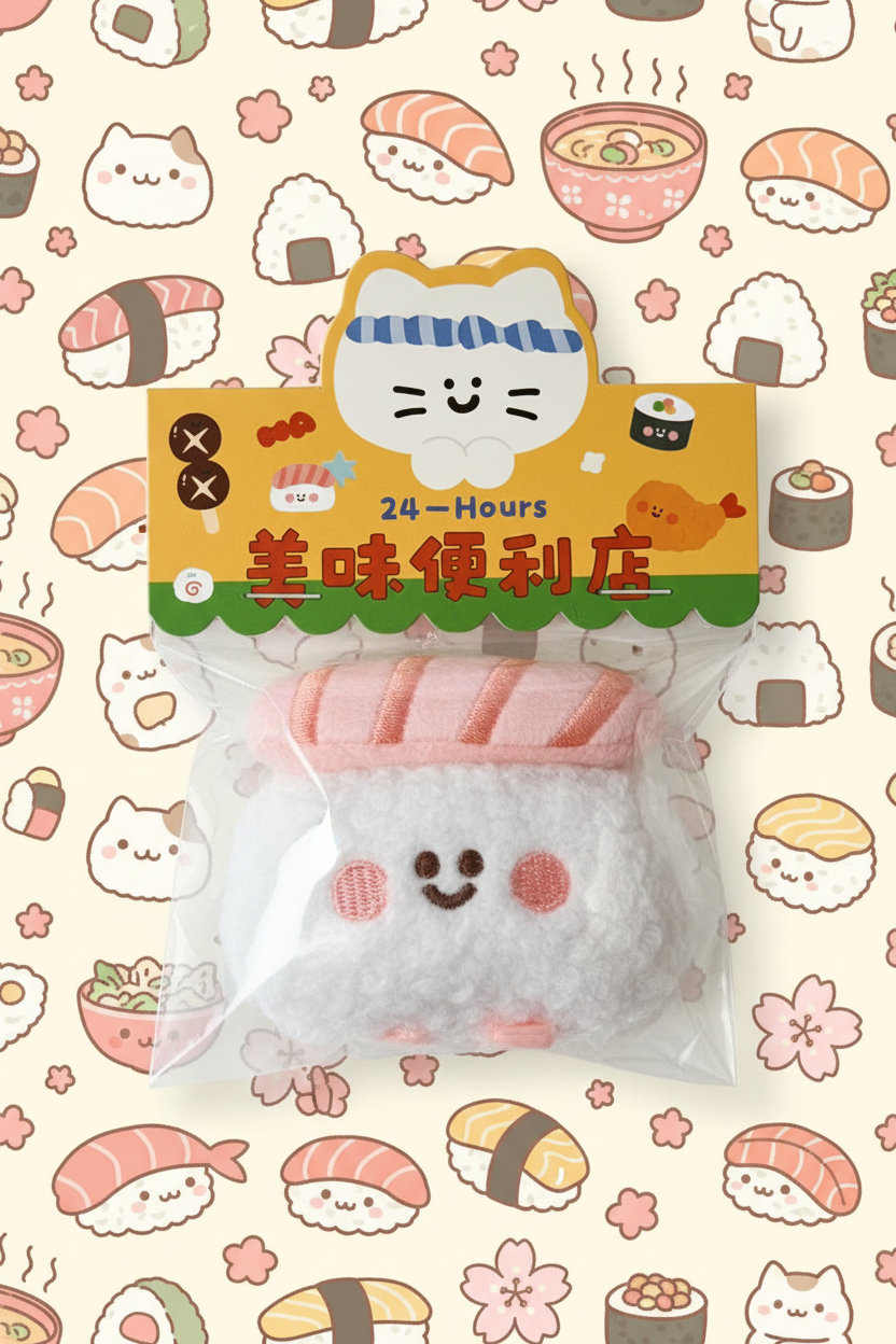 Peluche sushi salmón con fondo japonés kawaii