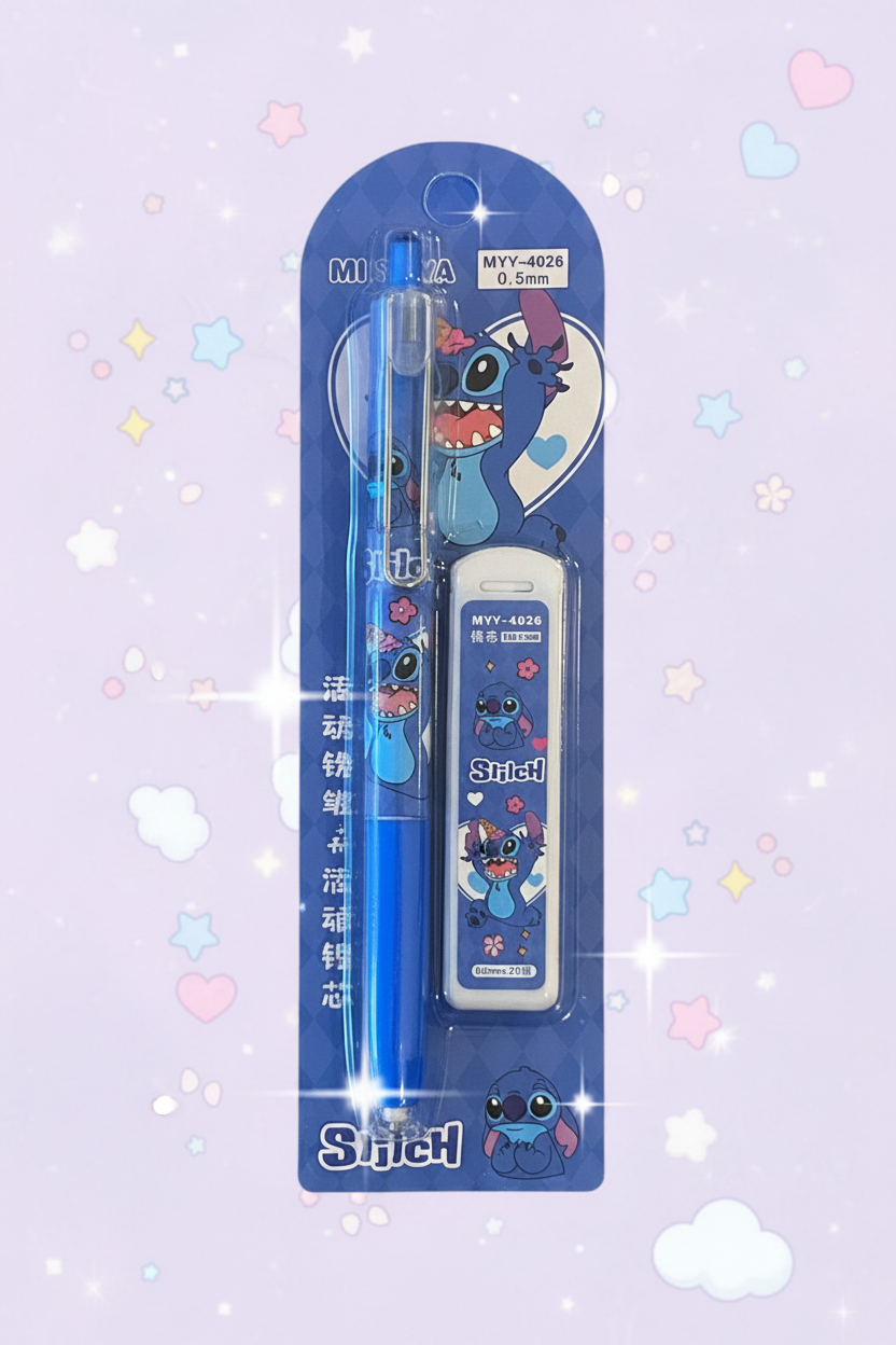 Set Stitch azul con fondo lila kawaii