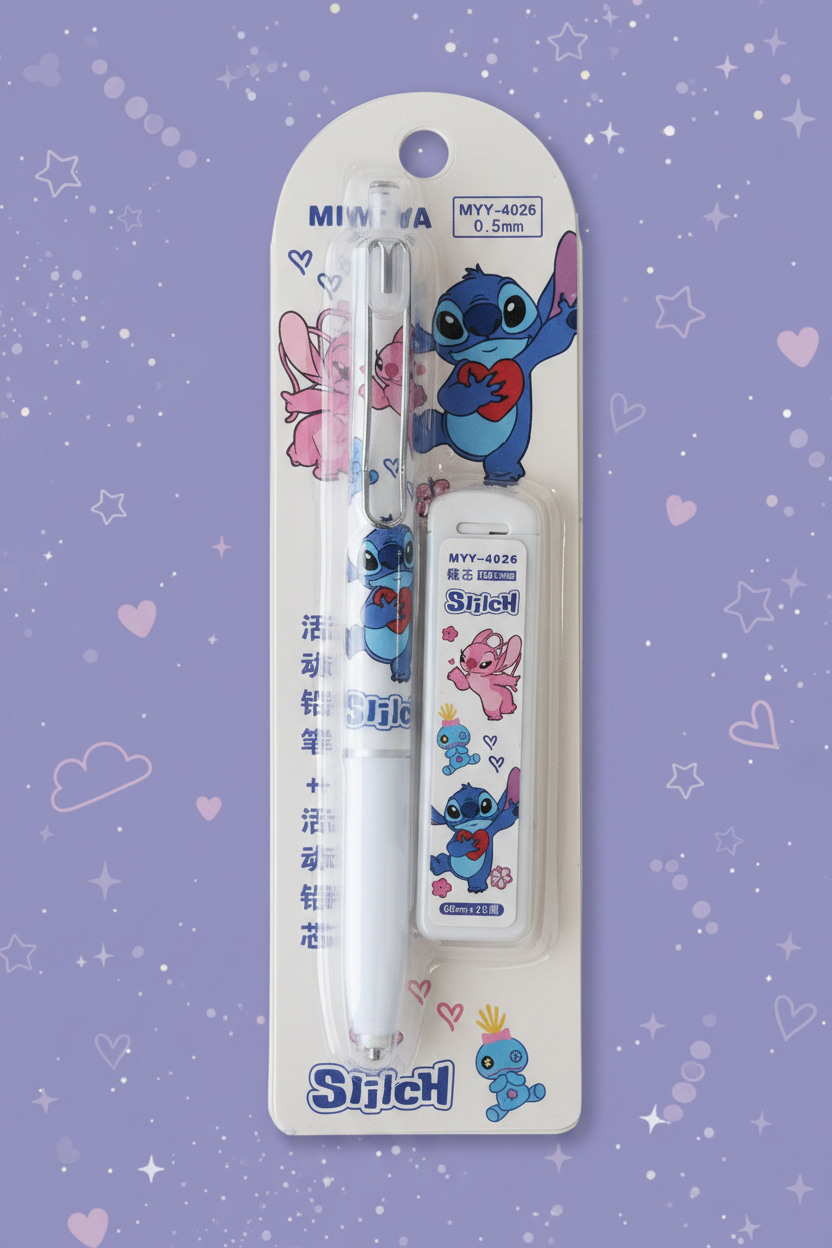 Set Stitch blanco con fondo lila kawaii